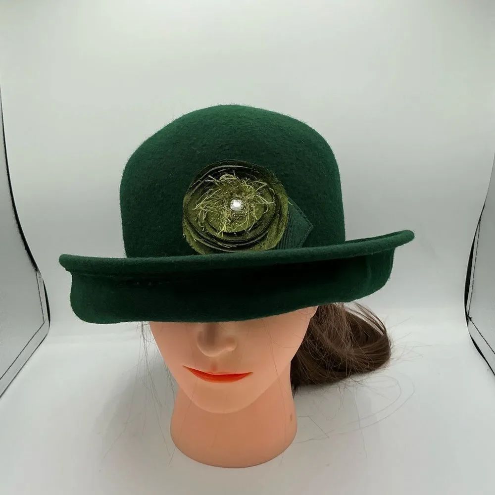 Women's Dark Green Wool Cloche Hat with Flower Accent